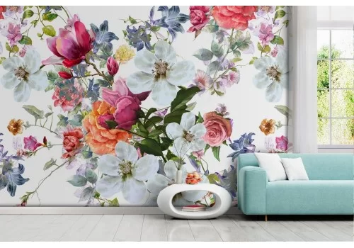 Carta da Parati fiori vintage rosso e bianchi natura.