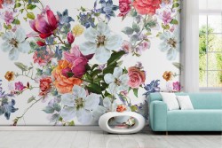 Carta da Parati fiori vintage rosso e bianchi natura.