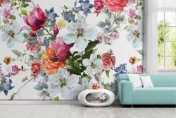 Carta da Parati fiori vintage rosso e bianchi natura.