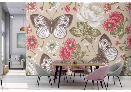 Wallpaper flowers and butterflies vintage nature.