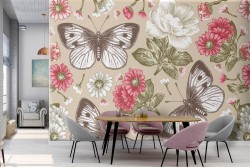 Carta da Parati fiori e farfalle vintage natura.