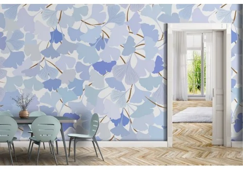 Wallpaper stylized leaves in blue nature pattern.