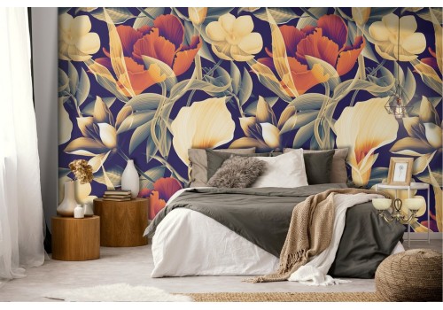 Vintage nature wallpaper with roses and white flowers.