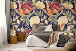 Vintage nature wallpaper with roses and white flowers.