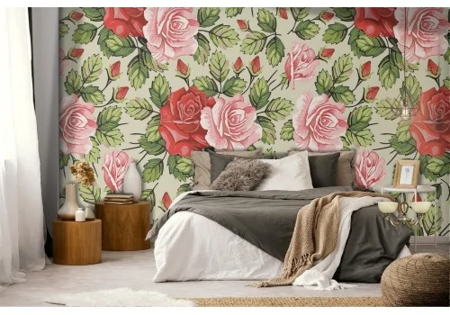 Red roses and pink flowers vintage wallpaper.