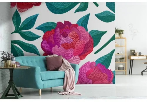 Red roses and pink modern nature pattern wallpaper.