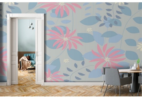 Carta da Parati fiori stilizzati rosa e foglie azzurro.