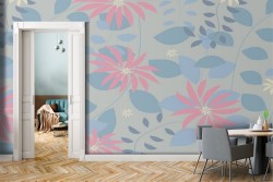 Wallpaper with stylized pink flowers and light blue leaves.