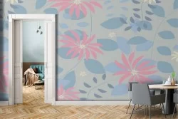 Wallpaper with stylized pink flowers and light blue leaves.