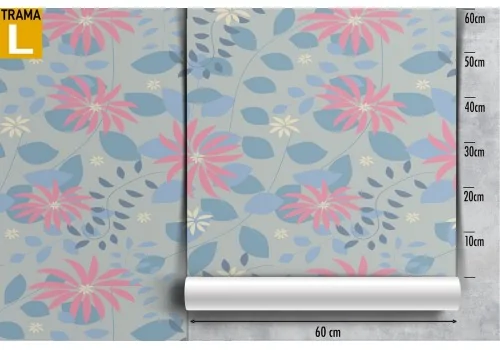 Wallpaper with stylized pink flowers and light blue leaves. 2