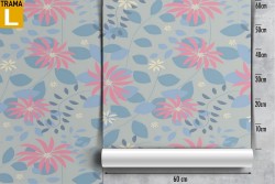 Wallpaper with stylized pink flowers and light blue leaves.
