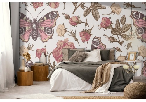 Vintage nature wallpaper with roses and butterflies.