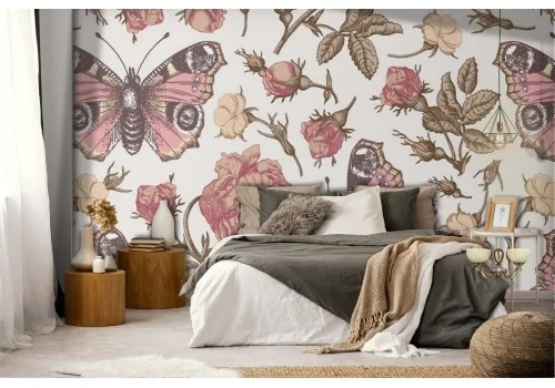 Vintage nature wallpaper with roses and butterflies.