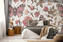 Vintage nature wallpaper with roses and butterflies.