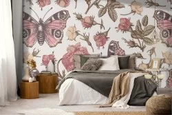 Vintage nature wallpaper with roses and butterflies.