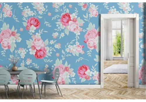 Pink flowers wallpaper blue background nature pattern.