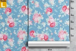 Pink flowers wallpaper with a blue background nature pattern.