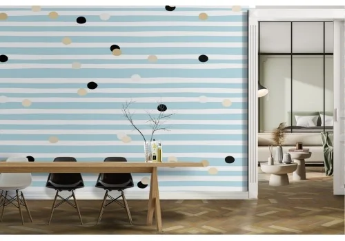 Blue striped and polka dot modern design wallpaper.