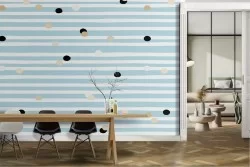 Blue striped and polka dot modern design wallpaper.