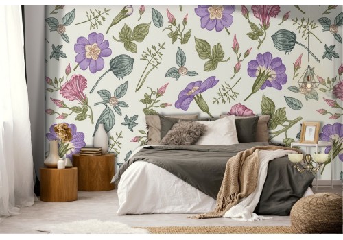 Vintage wallpaper with pink and purple floral pattern.