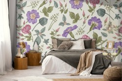 Vintage wallpaper with pink and purple floral pattern.