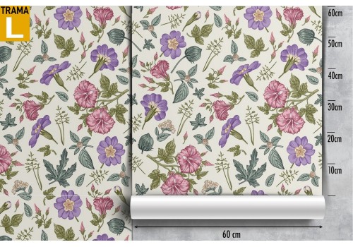 Vintage wallpaper with pink and purple floral pattern. 2