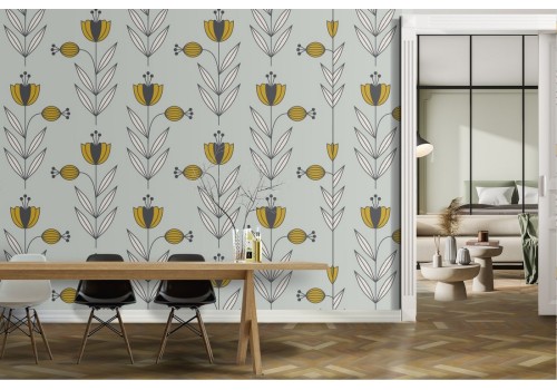 Wallpaper with stylized nature pattern of flowers and plants.
