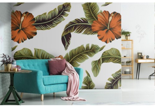 Tropical nature wallpaper with leaves and flowers.