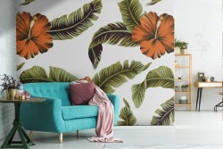 Carta da Parati natura foglie e fiori tropicali.