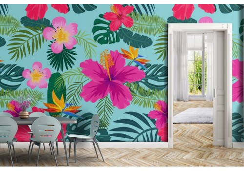 Modern pink wallpaper with tropical flowers and leaves.