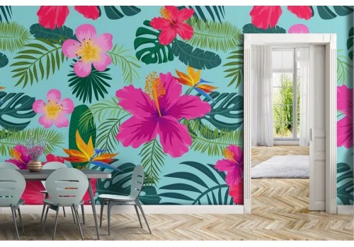 Modern pink wallpaper with tropical flowers and leaves.