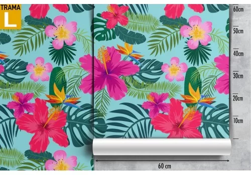 Carta da Parati fiori e foglie tropicali moderna rosa. 2