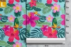 Modern pink wallpaper with tropical flowers and leaves.