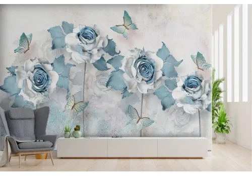 Floral wallpaper with butterflies on wall