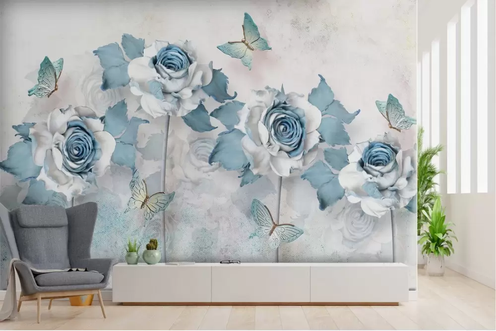 Carta da Parati fiori con farfalle su muro