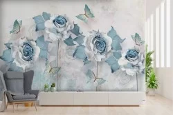 Wallpaper with flowers and butterflies on wall