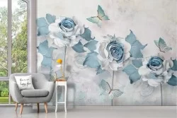 Wallpaper with flowers and butterflies on wall