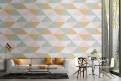 Geometric wallpaper with yellow and green triangles.
