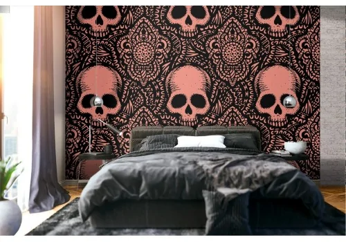 Dark skulls and damask wallpaper.