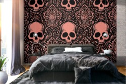 Dark skulls and damask wallpaper.