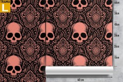 Dark skulls and damask wallpaper.