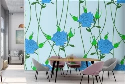 Carta da Parati fiori rose azzurro raffinati natura.