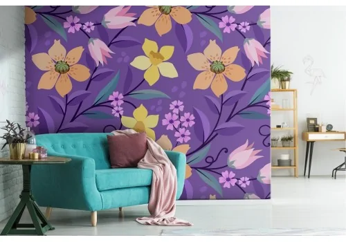Yellow flowers wallpaper purple background nature pattern.