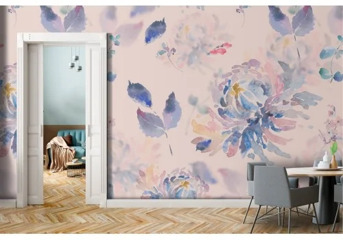 Carta da Parati foglie stilizzate blu natura pattern.