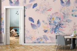 Carta da Parati foglie stilizzate blu natura pattern.