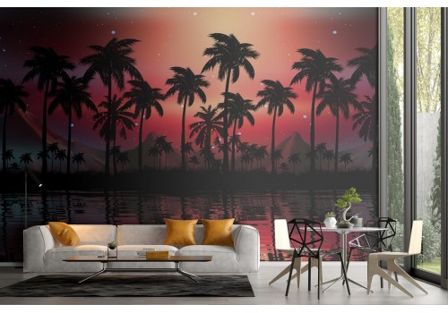 Tropical landscape wallpaper with palms and lake