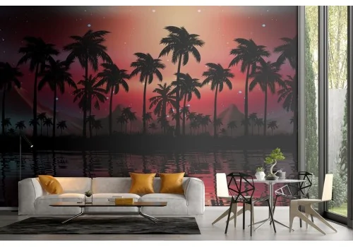 Tropical landscape wallpaper with palms and lake