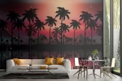 Tropical landscape wallpaper with palms and lake