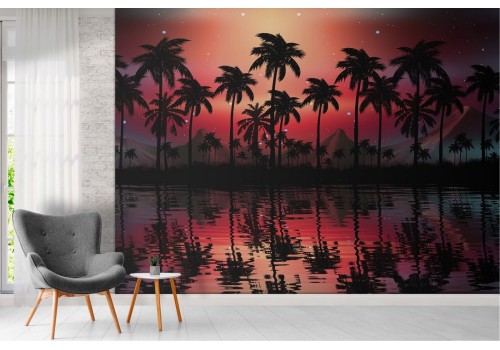 Tropical landscape wallpaper with palms and lake 2