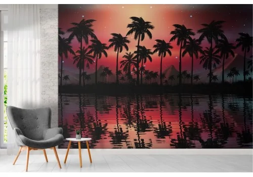 Tropical landscape wallpaper with palms and lake 2